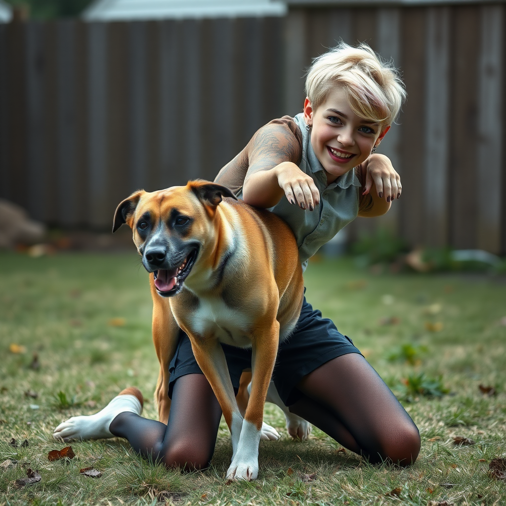 photorealistic, ultra high resolution, 16K, surreal fantasy, studio lighting, a pretty 16 year old goth male, slim male physique, short blonde hair, goth makeup, earrings, pantyhose, white ballet shoes, playing with his large dog in the yard - he is kneeling forward, while the dog stands up behind him and rests its paws on the boys shoulders, excited smile, facing the camera.