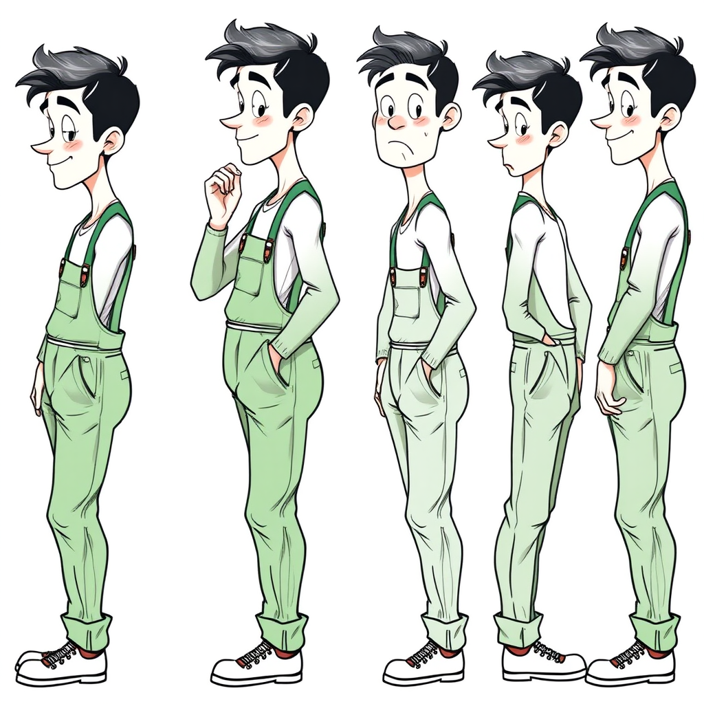 multiple views with progression, character design sheet, blushing shy nervous small 20 year old european skinny man wearing long sleeve green coveralls is trying to hide his excitement, detailed features, bulging pants, long establishing shot, 2D, caricature, cartoon, Sketch lines, coloring book, black and white, coloring book style on white background, well composed, clean coloring book page, No dither, no gradient, strong outline, No fill, No solids, vector illustration, side view, vector illustration, empty space around each view