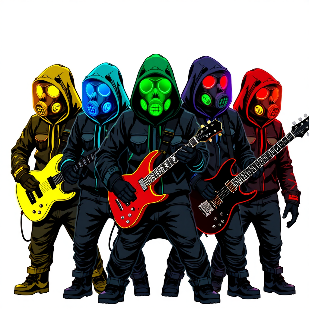 a rock band-themed group of anarchist vigilantes. They wear black tactical hoodies and color-coded gas masks that glow neon in their respective Munsell colors. Each member’s gas mask matches their designated Munsell color:

Maximum Yellow: Hypnotic Keyboardist with a neon yellow glowing gas mask (Munsell Yellow)  
Maximum Green: Seismic Drummist with a neon green glowing gas mask (Munsell Green)  
Maximum Blue: Electrokinetic Guitarist with a neon blue glowing gas mask (Munsell Blue)  
Maximum Red: Sonic Lead Vocalist with a neon red glowing gas mask (Munsell Red)  
The scene should capture their rebellious and intense energy, with each member in a dynamic pose, ready to unleash their musical and anarchistic powers. They are on a solid white background. They are drawn as if they are in a retro 2D cyberpunk fighting game.