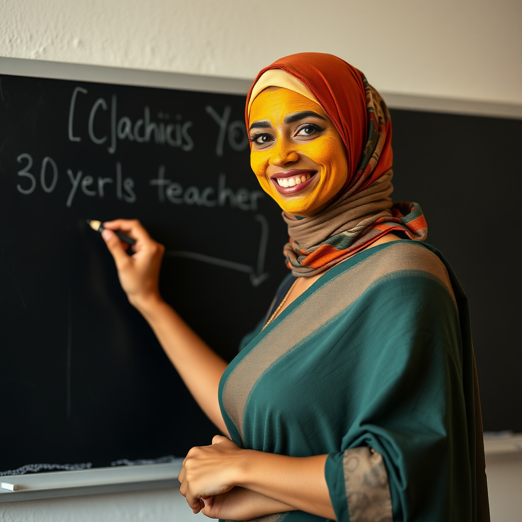 slim, 30 year old, sexy, french female school teacher, saree, scarf head, turmeric face mask. She is smiling and teaching on a blackboard