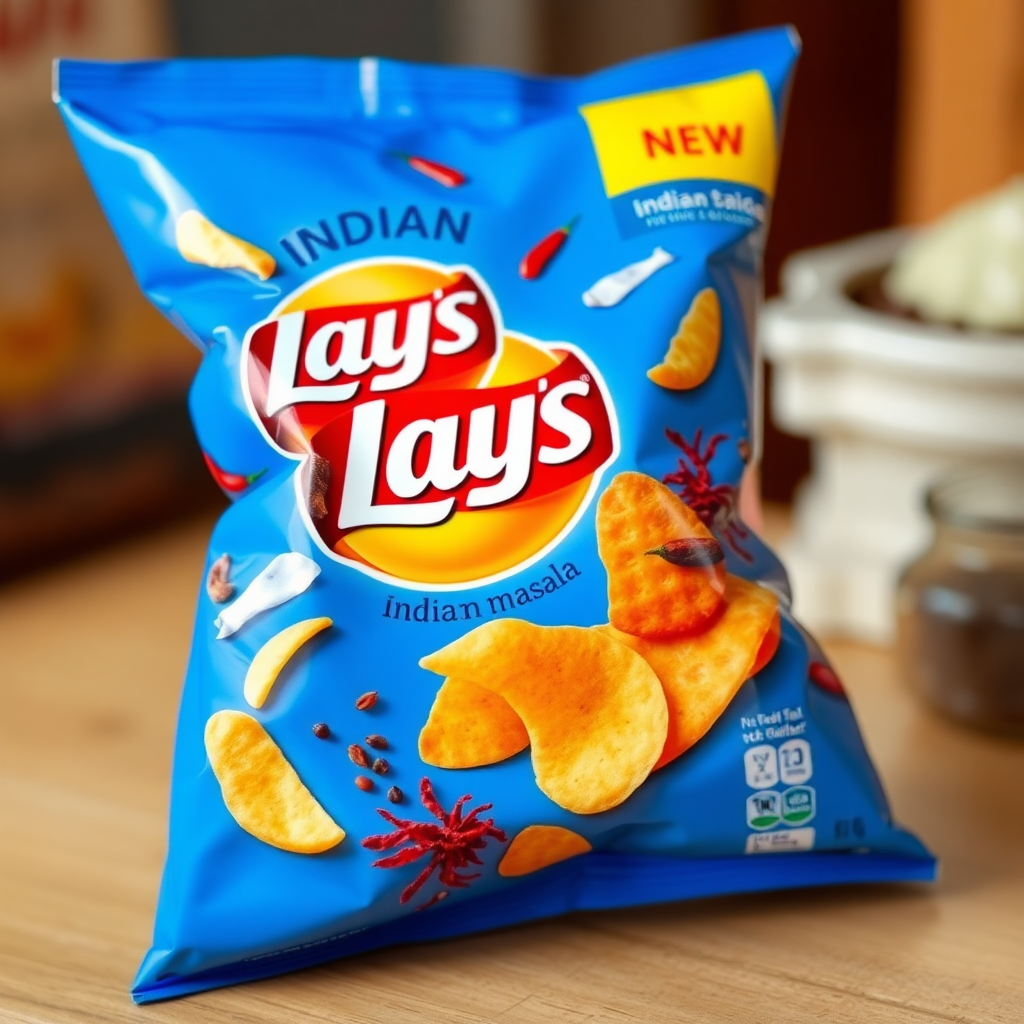 Indian Magic Masala Lays, 20 rupees. Indian Lays in blue color with potato slice chips and Indian spices like dried red chilies, black pepper, garlic, and an Indian traditional look inspired by Indian monuments or lifestyle. A prototype of a chips packet.