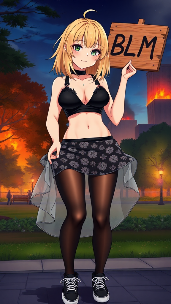 Anime art of a woman, medium blonde hair, a black, sleeveless crop top that reveals the woman's black bra and a high-waisted, wicked smile, large breast, patterned transparent mini skirt that showcases a mix of black and white colors. She is also wearing black sheer tights and black sneakers with white laces, holding wooden sign in 2 hands which says "BLM" in air. Park and 1 building on fire at night from riots background, pulling down her skirt revealing her black-laced underwear.