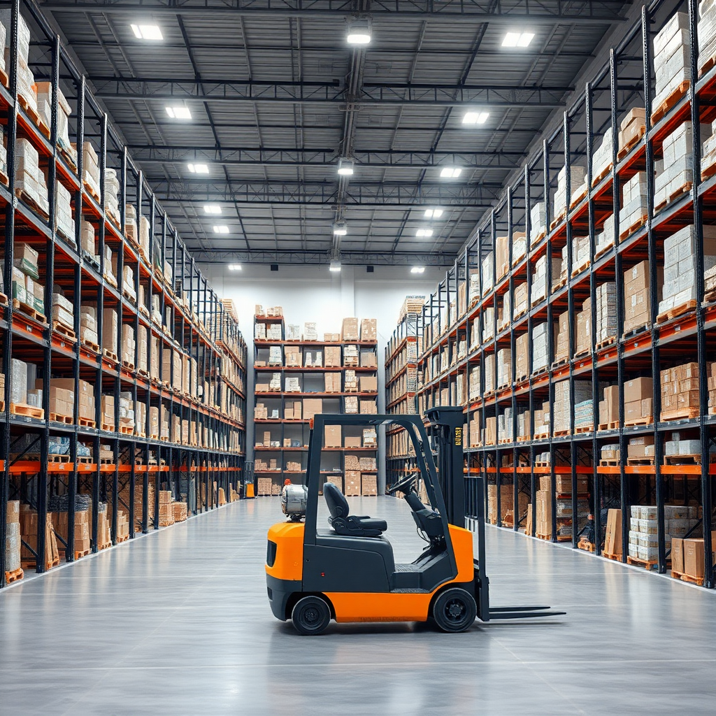 Create a high-resolution photo of a modern warehouse interior. The scene should include tall shelves filled with various boxes and products, a spacious layout with clear pathways, and bright overhead lighting. Include a forklift without an operator and partially open gate. The overall atmosphere should convey efficiency and organization, with a clean and professional look. No text, no humans.