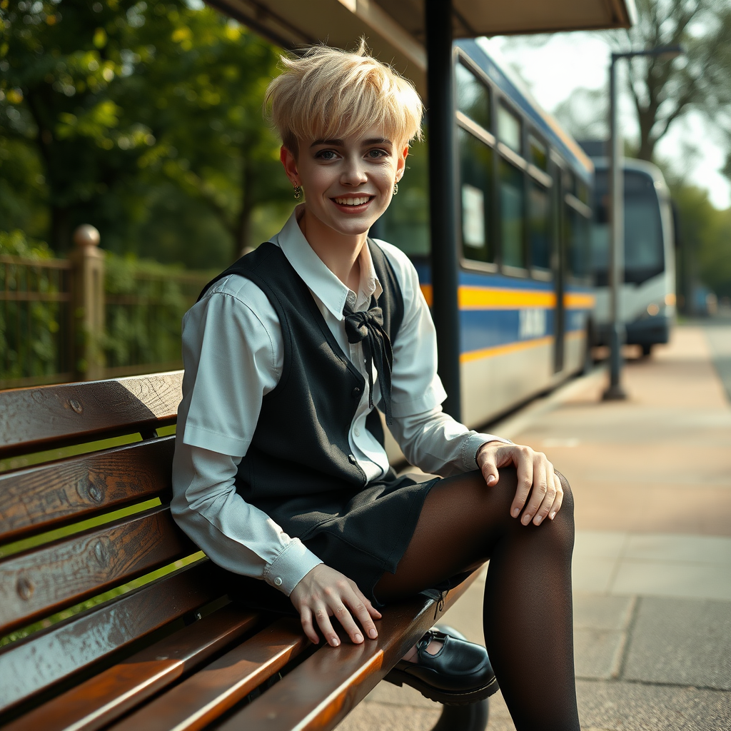 photorealistic, ultra high resolution, 16K, surreal fantasy, soft studio lighting, a pretty 18 year old goth male, slim male physique, short blonde hair, goth makeup, earrings, shiny black pantyhose, UK girls-school uniform, Mary-Jane shoes, sitting on a bench waiting for the school bus, in daylight, excited smile, facing the camera.