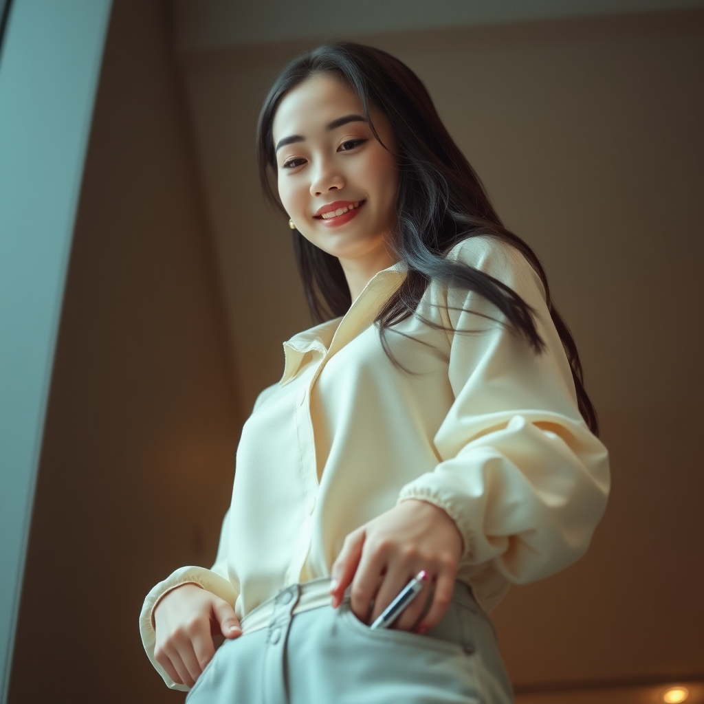 photo low angle full body shot beautiful xiaomeimei smiles looking down. She is putting a pen in her pants pocket