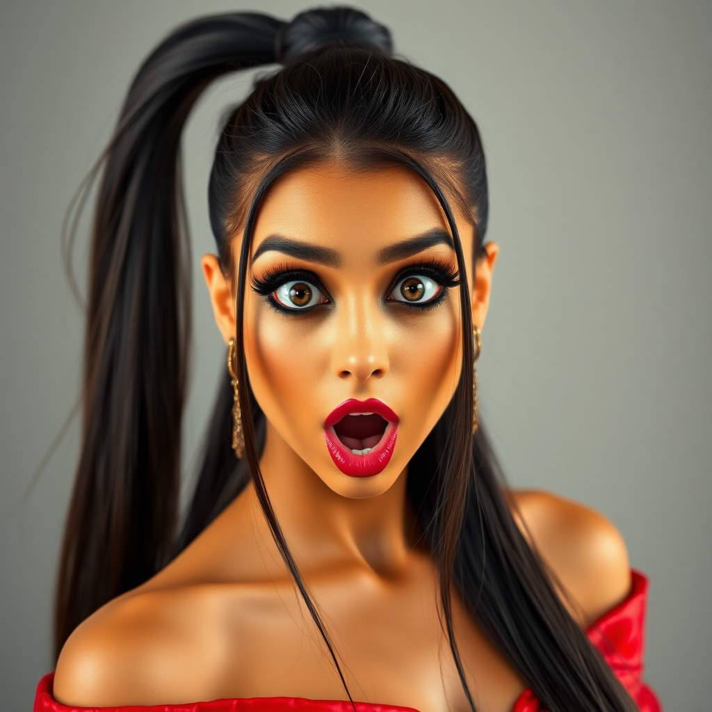 surprised Arabian girl with mouth open. She has very large eyes, black eyeshadow, black eyeliner, fake eyelashes, very tanned skin, very long hair. very high ponytail, red off shoulder shinny crop top. photo realistic, black hair