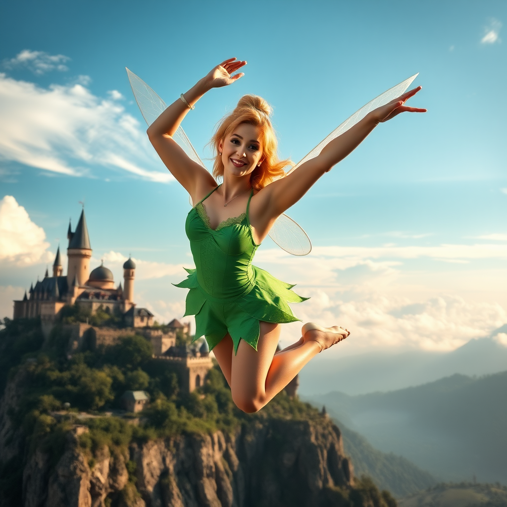 A woman cosplaying as Tinkerbell she's flying in the air surrounded by the skyscape of Neverland. The denizens of Neverland are all around with locations on the island clearly visible behind her. Her graceful arms float above her head. In the photographic style of Richard Fegley on DSLR