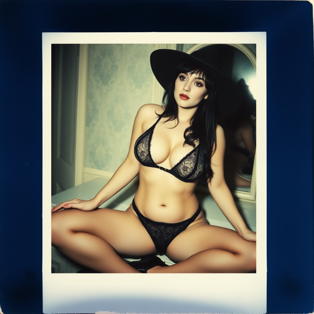 scan of an old polaroid photo with heavy dark vignetting and a blue color tint to the photograph and visible light leaks. The photo depicts a sexy alt goth woman with pale skin and black hair. She has large breasts with ample cleavage and is wearing a tiny revealing bikini bra with triangle shaped cups. She is wearing a witch hat. The image looks hazy and grungy. She is in an old house with wallpaper on the walls. Dark lighting with camera flash used. Candid. she is wearing a tiny revealing lace thong and thigh high stockings. She is sitting on a builtin vanity with a mirror with her knees spread apart. She is wearing black high heels. She has skin texture and visible pores and imperfections.