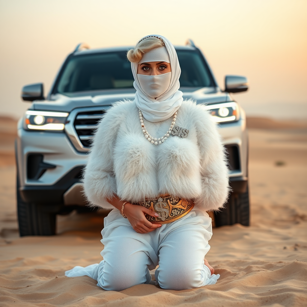 Kuwait desert dunes misty dawn, full size luxury SUV: Melissa, European 17 years old very convincing femboy “trophy-bimbo”, tamed servile docile, very beautiful feminine flawless face, rather short, by hormones very curvaceous womanly figured, platinum blond short tight curls, bold red lips, heavily made-up face, wearing Supertanya-style fluffy very fuzzy bright white angora turtleneck-poncho cropped ending under bust decorated with pearls and gemstones, striking oriental wide gold bridal protection belt, white fully transparent harem pants, full Oriental bridal jewelry, face covered by white transparent full Burka, coin anklets, striking diamond “$$$” letter brooch on left chest, pout frustrated, hands tied behind back, kneeling in sand in front of SUV, looking at camera. Focus on face and turtleneck-poncho.