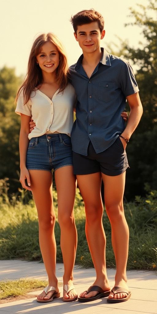 Vintage photo, 1980s. Hot summer. Germany. A tall skinny 14yo teen boy wearing short shirt, tight booty shorts, long legs, bare thighs. With a girl wearing shirt, long skirt. Full length view.