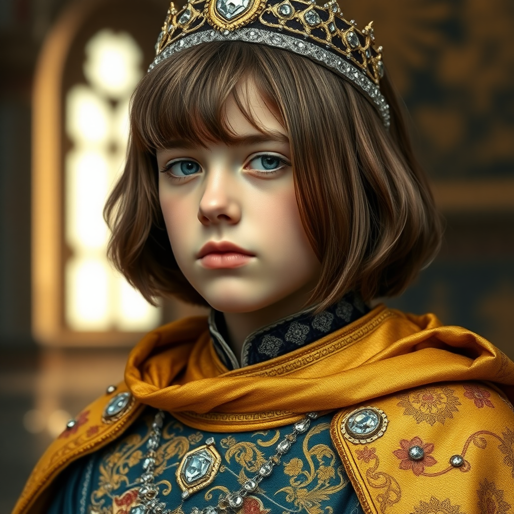 16yo teen boy prince, long bob cut, embroidered with gold and diamonds medieval cloths, diamond diadem. photorealistic, ultra high resolution, 16K,