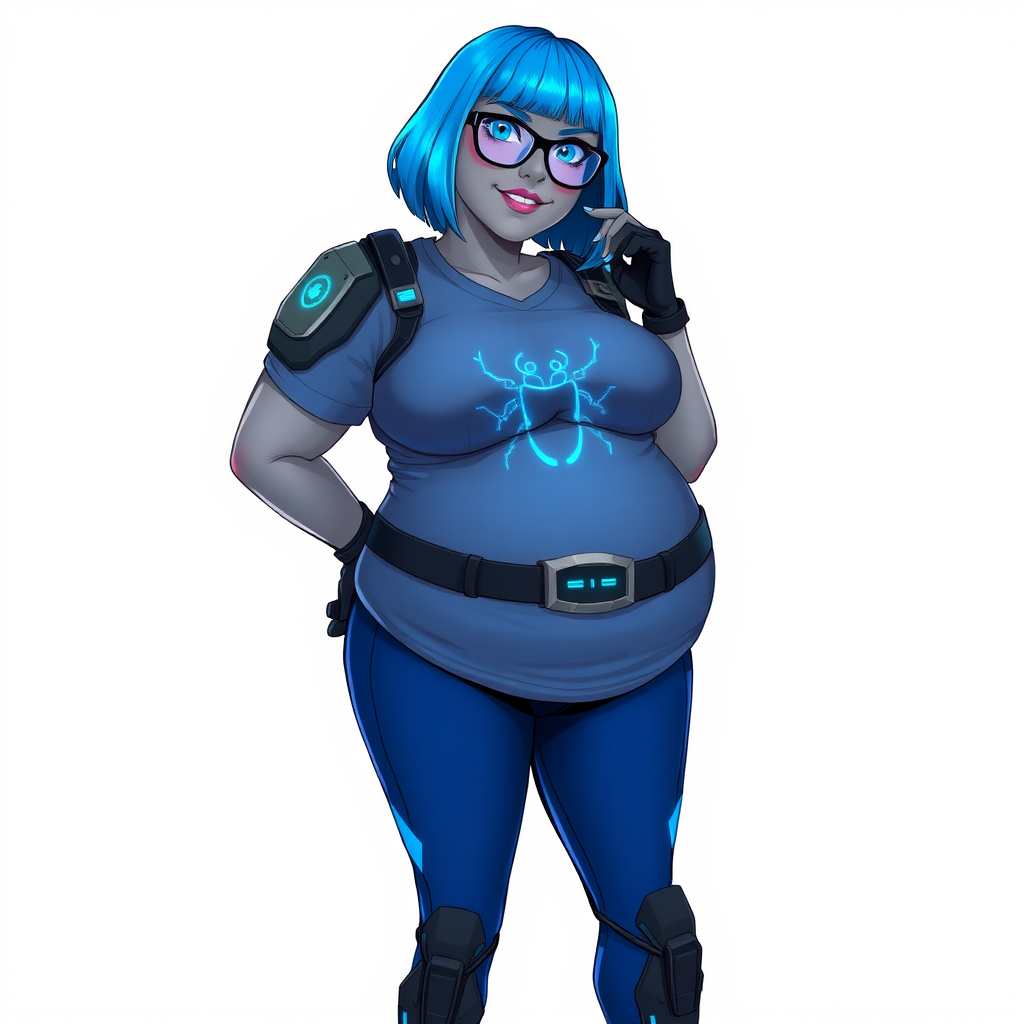 A 28-year-old, full-figured, Middle Gray skinned, computer program hybrid with a maximum blue bob cut. She has a non-athletic, full-figured build, highlighted by a prominent, round, large midsection (with heavy emphasis on her large belly). As the full-figured, nerdy, digital sidekick to her cyberpunk vigilante boyfriend, her metallic middle gray skin and maximum blue lipstick emphasize her digital nature. She wears a digital, computerized costume, consisting of a huge, tight-fitting, maximum blue t-shirt with a neon blue glowing chest icon of a beetle, hi-tech shoulder pads with neon blue glowing accents, a black hi-tech belt with a digital neon blue glowing buckle, digital maximum blue pants with neon blue accents, and black hi-tech gloves with neon blue glowing accents. Her bright blue eyes, black eyeglasses with neon blue glowing lenses with a built-in HUD, and shy smile with neon red blush accentuate her nerdiness. She stands bashfully with one hand behind her back and the other hand gently touching her cheek, her costume covering all her skin and emphasizing her full-figured physique (especially her belly). She is clearly non-athletic, with a heavy focus on her large belly. Despite her build, she radiates beauty. She has a slim face compared to her physique, accentuating her radiant beauty. She is on a solid white background. She is drawn as if she were in a retro 2D cyberpunk fighting game.