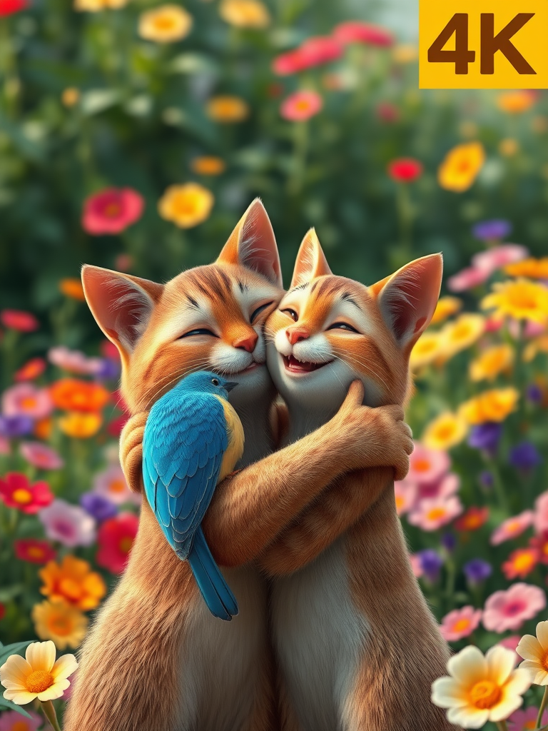 A realistic 4K scene of a Brown Cat and a Blue Bird embracing each other in a warm hug. Their expressions are filled with joy and affection, set against a vibrant garden filled with colorful flowers and lush greenery. The moment captures the essence of friendship and companionship between the two characters.