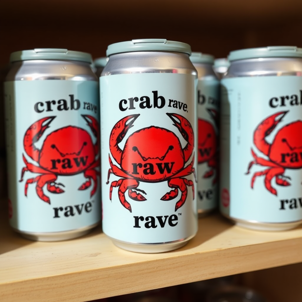 a small shelf with cans that have an image of crabs on the label and text saying "crab rave"