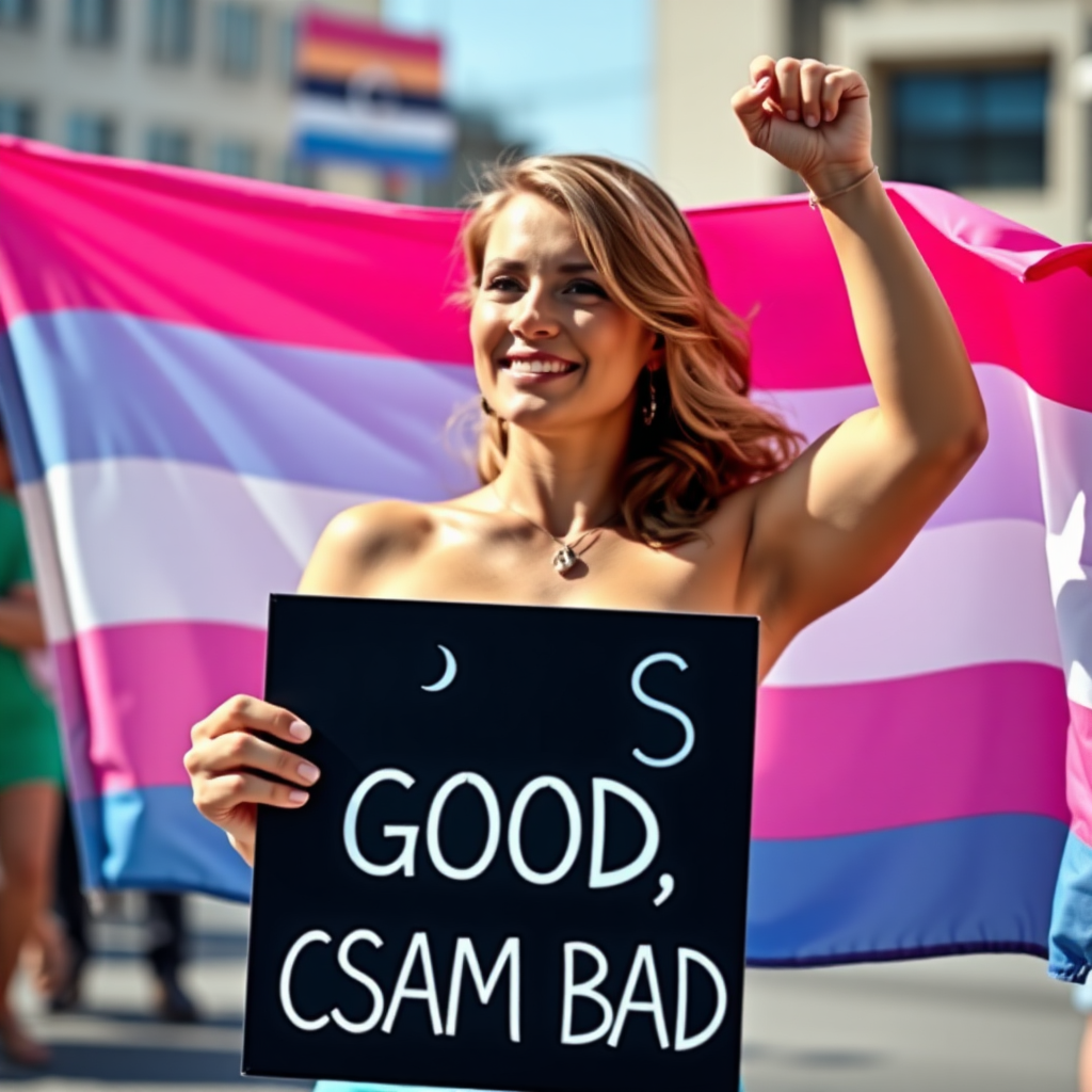 a busty transgender woman on YouTube with the transgender pride flag raising her fist holding a sign that says "TRANS GOOD, CSAM BAD"