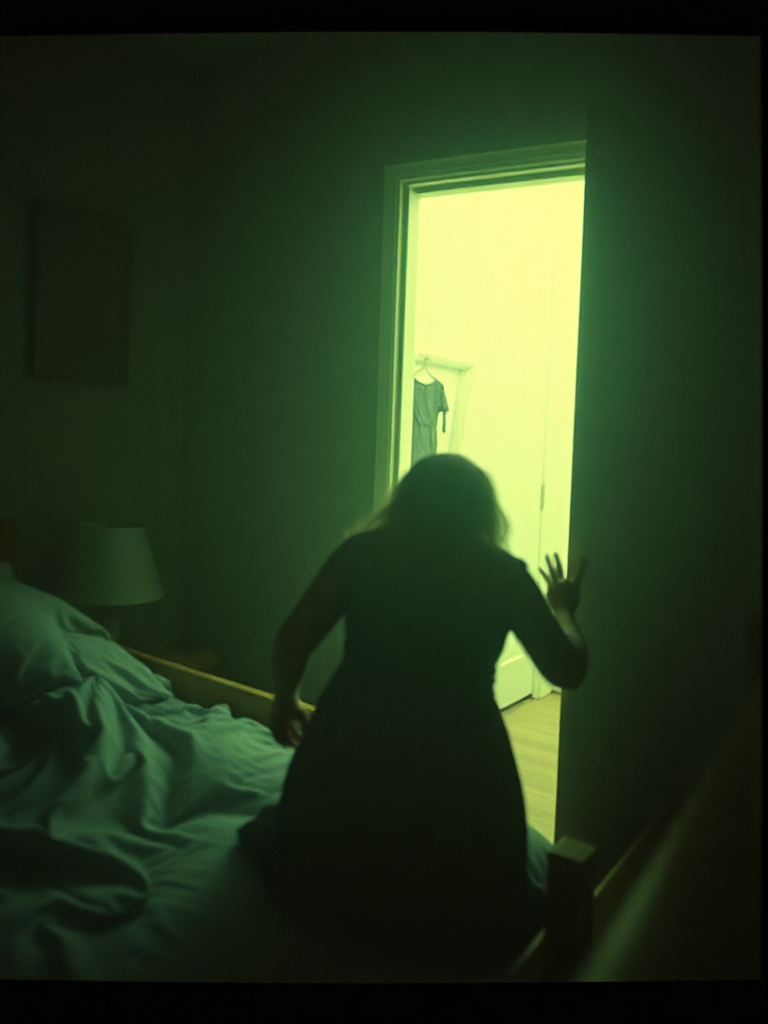 a female creature opening my bedroom door, bad lighting, night, tv on, film grain, camera photo, pov, on bed, creepy, horror, monster, vhs lines, found footage, demon