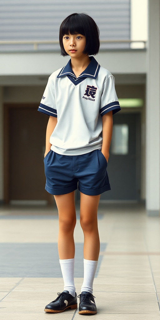 a tall 15yo teen boy, long bob cut, wearing Japanese school uniform with uniform matching very tight booty shorts, tube socks, shoes, long legs, narrow thighs. full-length view. 1980s. 
photorealistic, ultra high resolution, 16K,
Negative: grainy, blurry, bad anatomy, extra limbs, watermark.