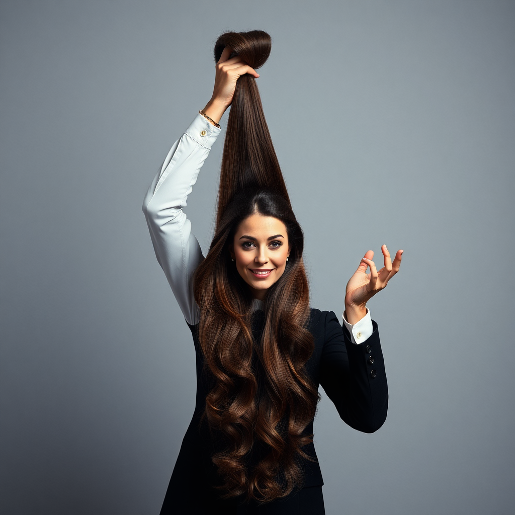 A surreal image of a magician holding up the disembodied head of a very long-haired Kate Middleton. He is grabbing her very long hair and pulling it up high in the air, while her head is hanging by her hair from his grasp to display it to the camera. Plain gray background.