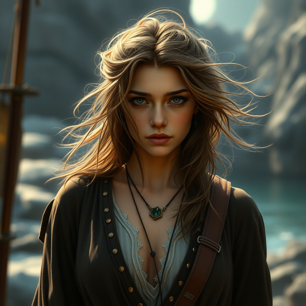 A full body shot of a pretty twenty-something elven female with a face resembling Ana de Armas. Dungeons and Dragons Port of Waterdeep. Messy shoulder-length hair tussled by wind. Photorealistic, digital matte painting, WLOP.