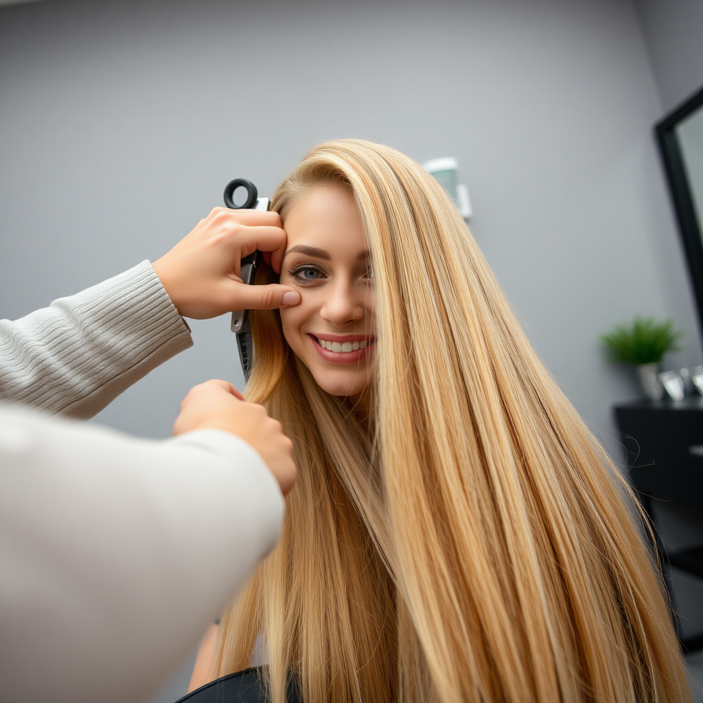 POV, beautiful very long haired blonde woman sitting in a hair salon smiling at the camera while I reach out from behind the camera to trim her very long hair.  Plain gray background.