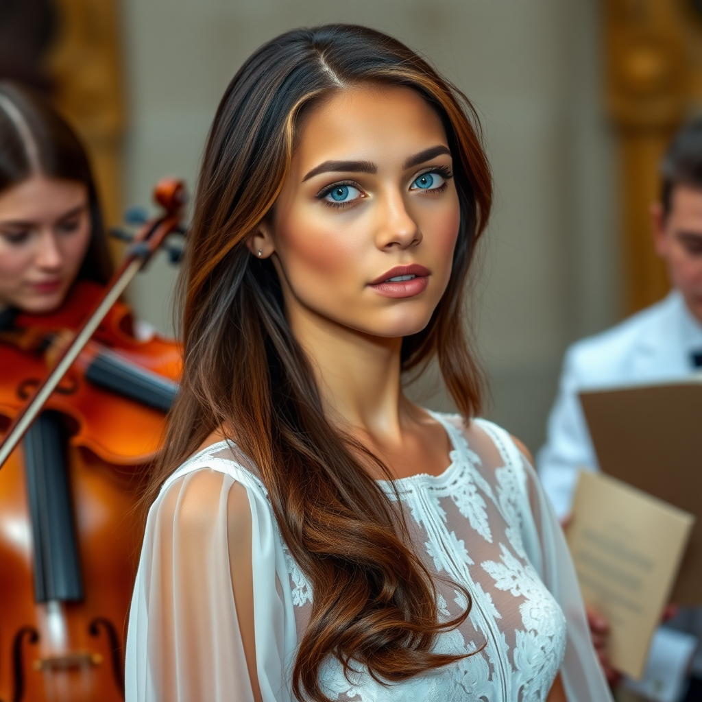 a young woman singing with an orchestra in background. long brunette hair with highlights, bright blue eyes. suntanned skin. small lips colored pale rose. looking to the side. wearing an elegant long white dress with transparent lace. a female violine player on her left side. photo