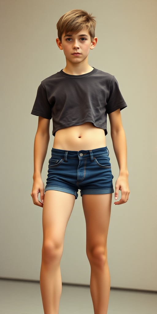 photorealistic, ultra high resolution, 16K. A skinny 14yo teen boy wearing crop t-shirt, tight booty shorts. Long legs, bare thighs, narrow hips. Vintage photograph, 1980s. Negative: grainy, blurry, bad anatomy, extra limbs, watermark.