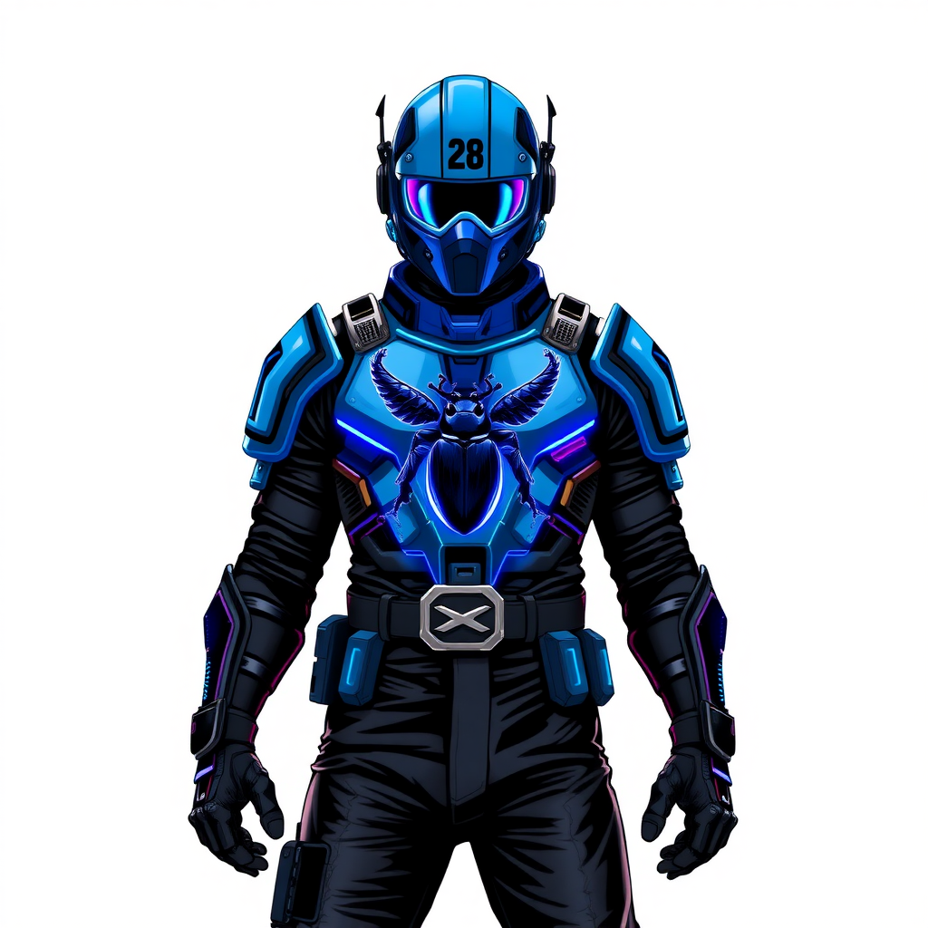 A 28-year-old cyberpunk vigilante stands heroically, clad in a high-tech, maximum blue armor featuring a neon blue glowing beetle on the chest. They wear black biker pants, a black belt with a sapphire beetle buckle, and a maximum blue full dome helmet with neon blue glowing lenses. Their hands are protected by black metal gloves, all set against a solid white background. He is drawn as if he was in a retro 2D cyberpunk fighting game.