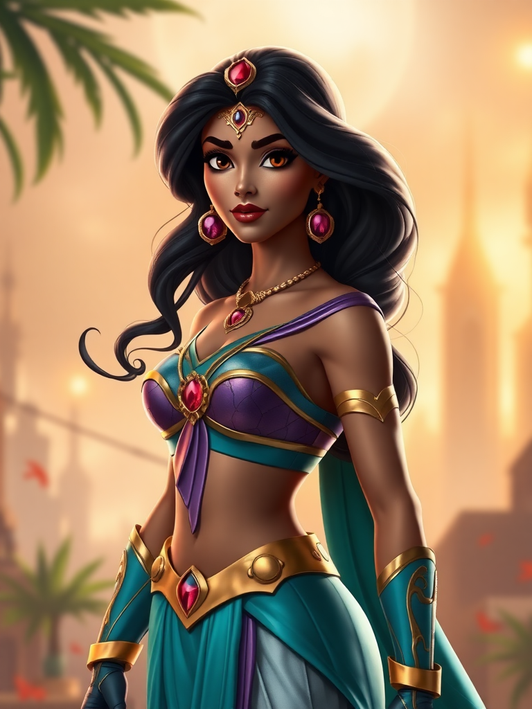 Create a photorealistic render presenting a full-body image of Princess Jasmine. Retain her head while using Nightwing's body type, ensuring body structure and silhouette align with this new form. Modify Jasmine's costume to appropriately fit the altered physique. Set the scene in a background that harmonizes elements of both Jasmine's and Nightwing's worlds, balancing their unique aesthetics. Ensure the final image maintains a vibrant and cohesive visual narrative.