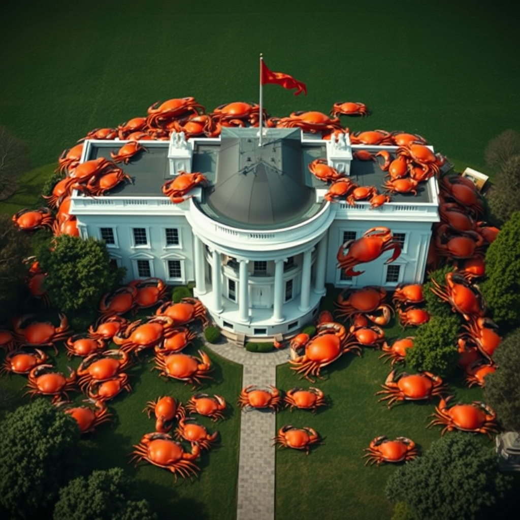 aerial shot of lots of huge crabs invading the white house, photorealistic, with caption crabs for president