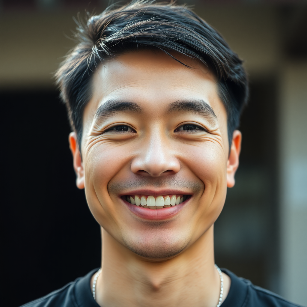 a photo of the face of a 38-year-old asian man smiling with mouth closed