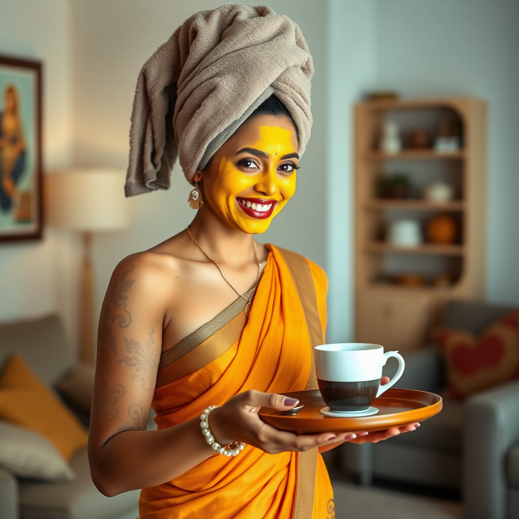 slim, 30 year old, indian Bride, towel head, turmeric face mask. She is smiling and serving coffee on a tray in living room.