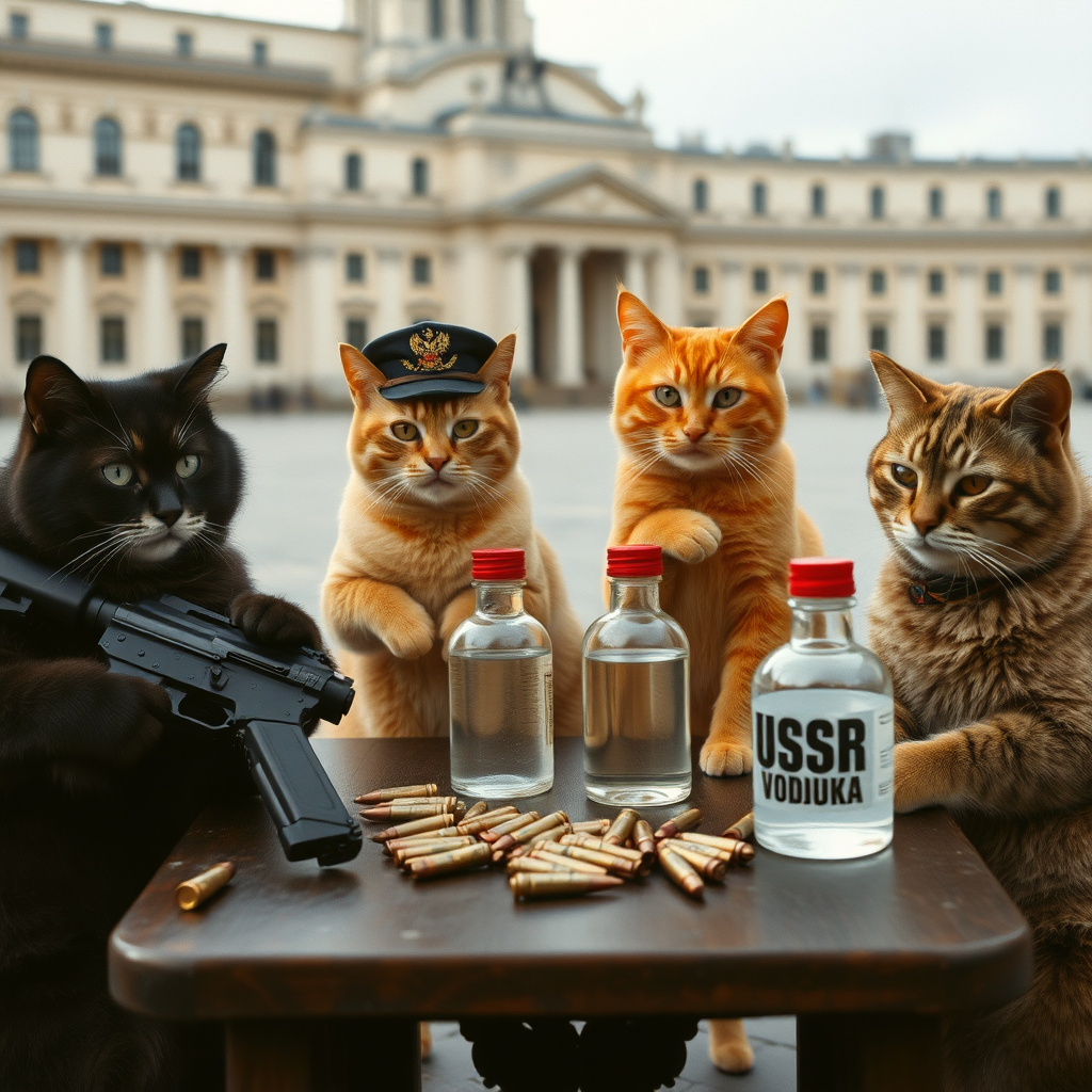 4 cat men in a large square, a black one holding an AK-47, an orange one with a Russian military cap, a dark brown one and a light brown one, USSR communists with vodka, around a table with bullet casings on it (film photo style)