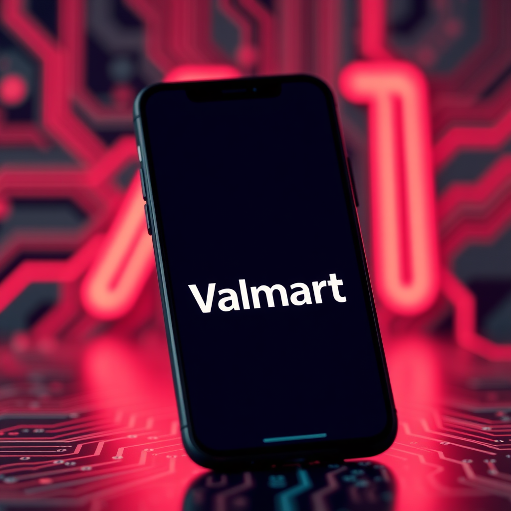 A modern digital illustration of a smartphone displaying the Walmart logo, with a neon "AI" sign in the background, set against a blurred circuit board pattern. The image is highly detailed, featuring vibrant colors and soft lighting, with a slight futuristic tech aesthetic. Shot in medium focus with a shallow depth of field, using a Nikon Z camera.