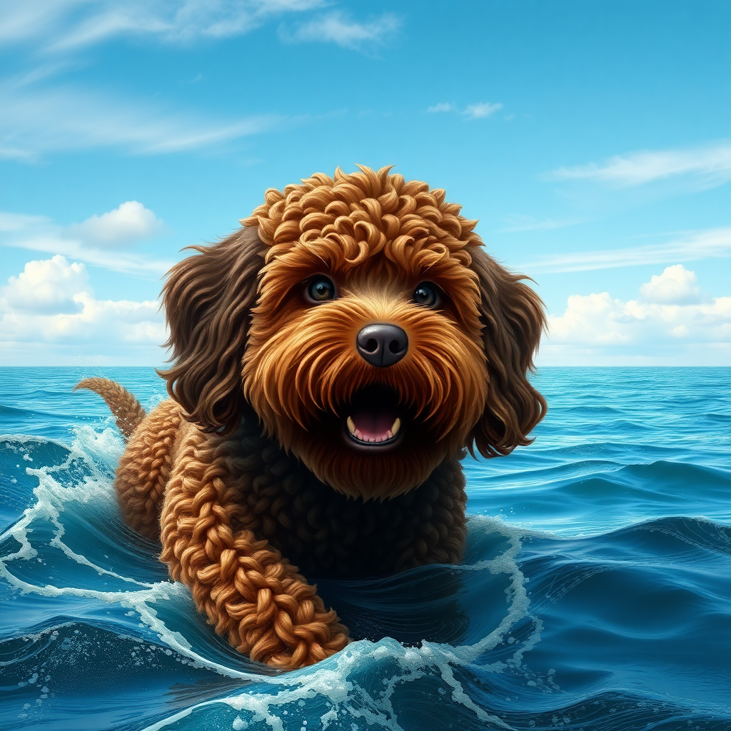 Can you make me a picture of a gigantic chocolate colored cockapoo ocean sea monster coming out of the ocean, ultra realistic