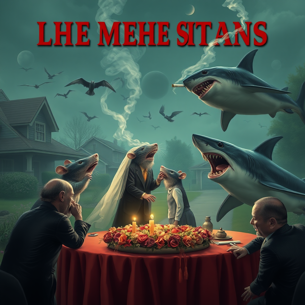 A rat wedding being attacked by hammerhead sharks, no text, Lovecraftian, sci-fi, in the suburbs, cigarette ad