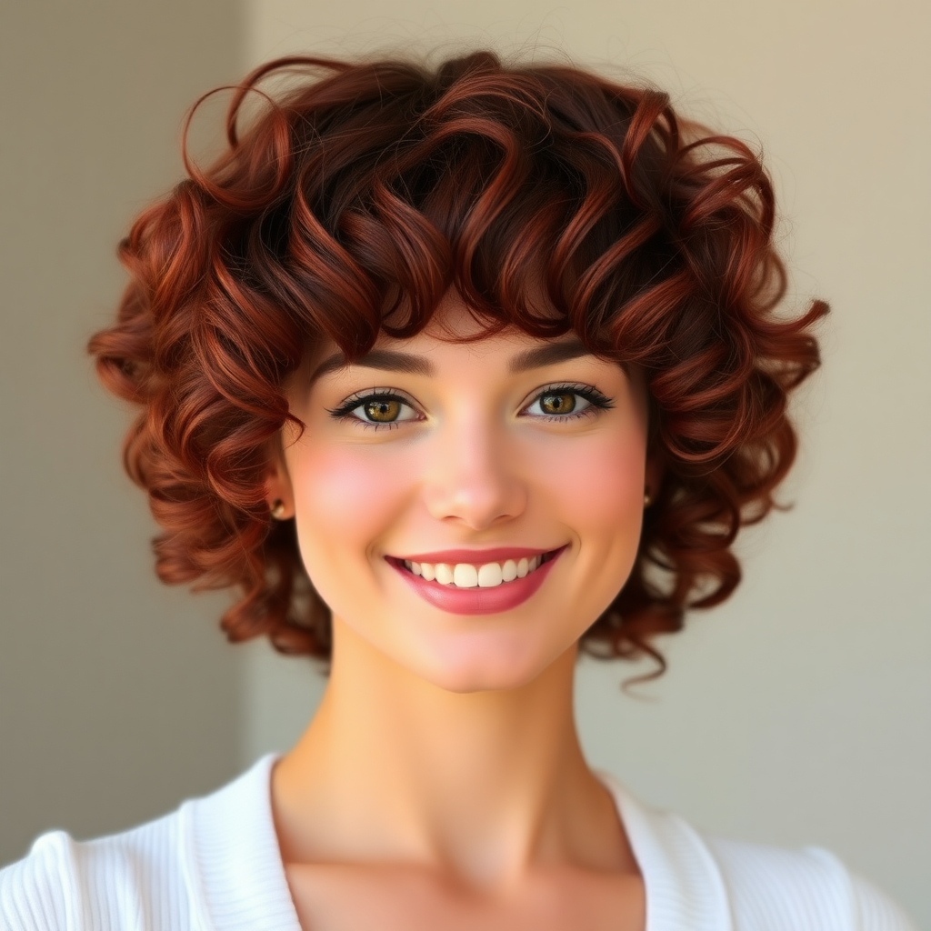 Beautiful model with curly, deep red hair, oval face, and a friendly look.