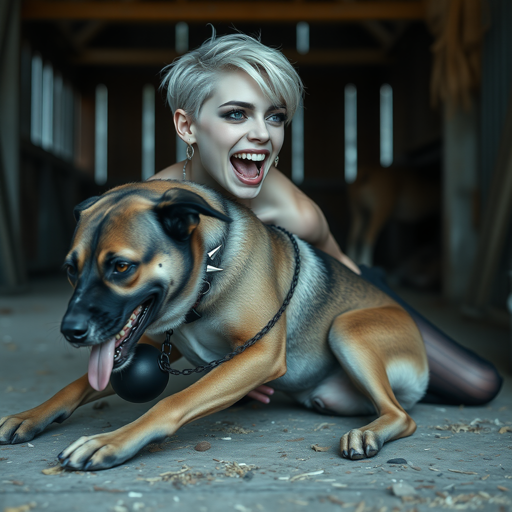 photorealistic, ultra high resolution, 16K, surreal fantasy, soft studio lighting, Caleb Swift is a pretty 16 year old goth male, slim male physique, blonde hair, blue eyes, goth makeup, earrings, glittering black pantyhose, spiky neck collar with chain, crawling on the floor of the barn straddling while a large dog rests its front legs on Caleb's back, during daytime, excited open mouth smile, small black ball-gag, drooling a stream of saliva from his mouth, bulging crotch, full body in wide view from side with Tyler facing the camera.