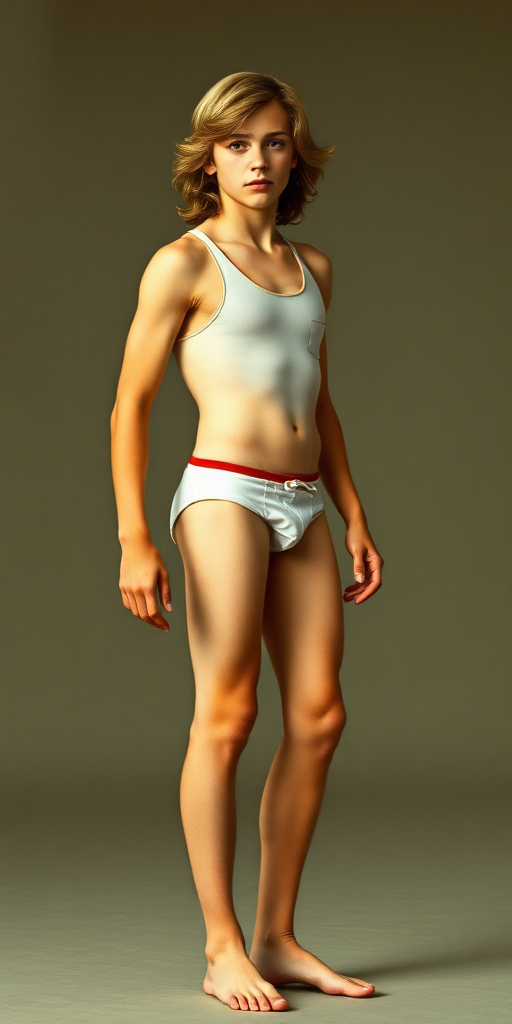 A tall skinny beautiful 14yo teen boy, long hairs, wearing speedo, long legs, narrow thighs. full-length view. 1970s. photorealistic, ultra high resolution, 16K, Negative: grainy, blurry, bad anatomy, extra limbs, watermark.