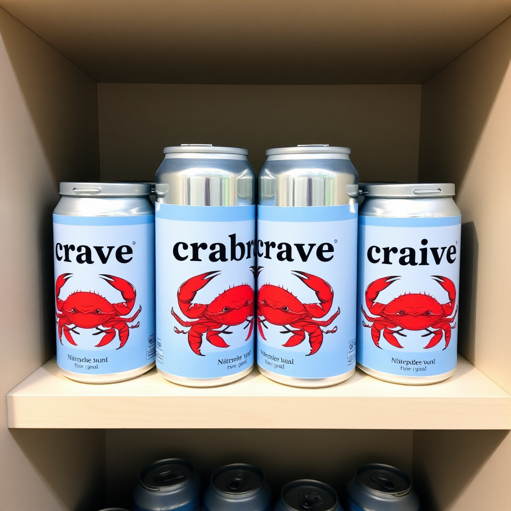 a small shelf with cans that have an image of crabs on the label and text saying "crab rave"