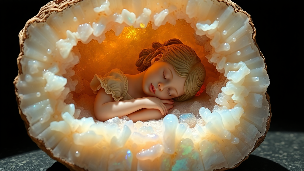 statue carved from opal of a 8 year old girl sleeping in a geode, high quality photo, intricate environment, ultra-detailed, impressionistic, dynamic composition, artistic photograph, geode, alabaster, fractal, brilliant colors, glittering, sunlight, illumination, transparency, translucent, opal