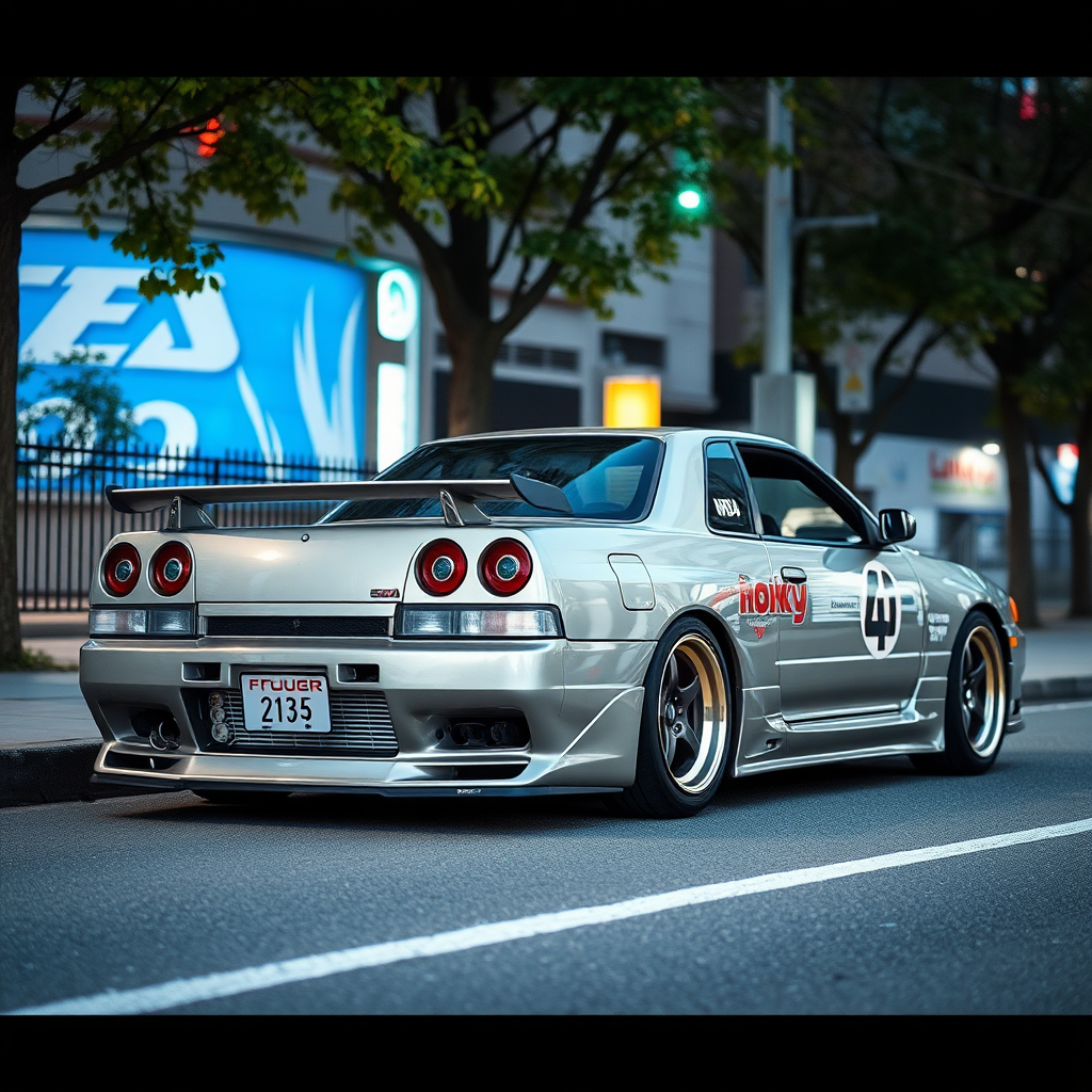 The car is parked on the side of the road, inspired by Taiyō Matsumoto, tumblr, restomod, nd4, c4 metallic shine nissan skyline r34 tokyo gece arkaplan