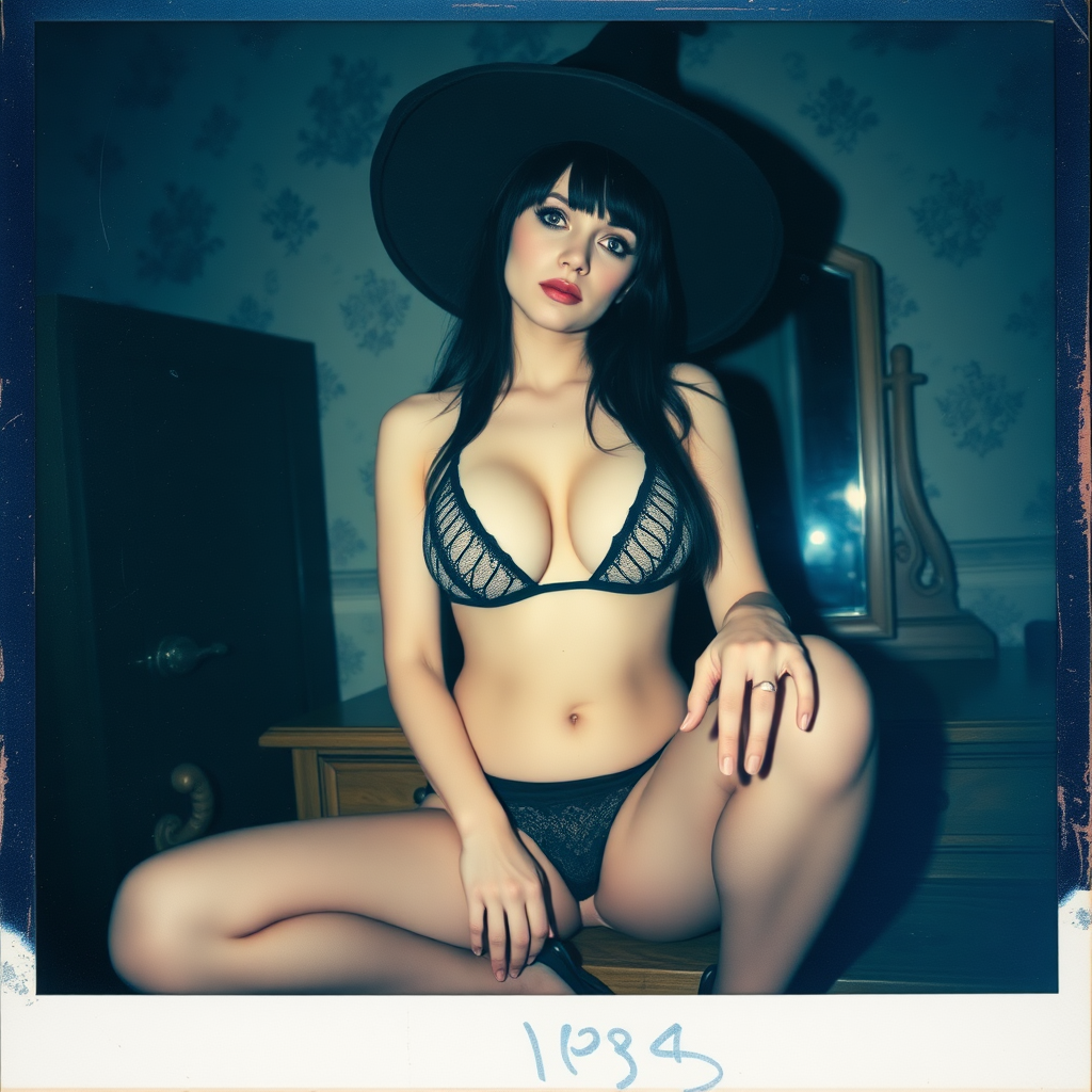 scan of an old polaroid photo with heavy dark vignetting and a blue color tint to the photograph and visible light leaks. The photo depicts a sexy alt goth woman with pale skin and black hair. She has large breasts with ample cleavage and is wearing a tiny revealing bikini bra with triangle shaped cups. She is wearing a witch hat. The image looks hazy and grungy. She is in an old house with wallpaper on the walls. Dark lighting with camera flash used. Candid. she is wearing a tiny revealing lace thong and thigh high stockings. She is sitting on a builtin vanity with a mirror with her knees spread apart. She is wearing black high heels. She has skin texture and visible pores and imperfections.