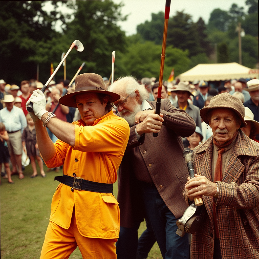 Highly detailed Kodachrome color real British surrealist photograph from 1978 of August saw a contest fit for Kings  
From far and wide they came to trade their swings  
Little grubs with stone-age clubs  
And tanners' sons with foxes gloves  
They came to face the stiffest course since Tring