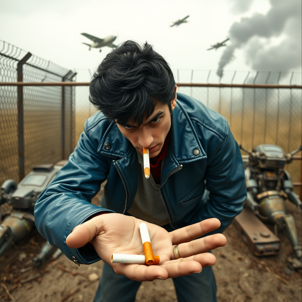 1950s greaser in blue leather jacket with black hair.

There is a cigarette hanging from the greaser's lips.

The greaser is hunched forward looking grimly down at his open palm where there is another unlit cigarette lying flat.

Fence in background.

Beaten up robots laying around the fence.

Flying cars and smoke in the sky.

Dirty. Bleak.