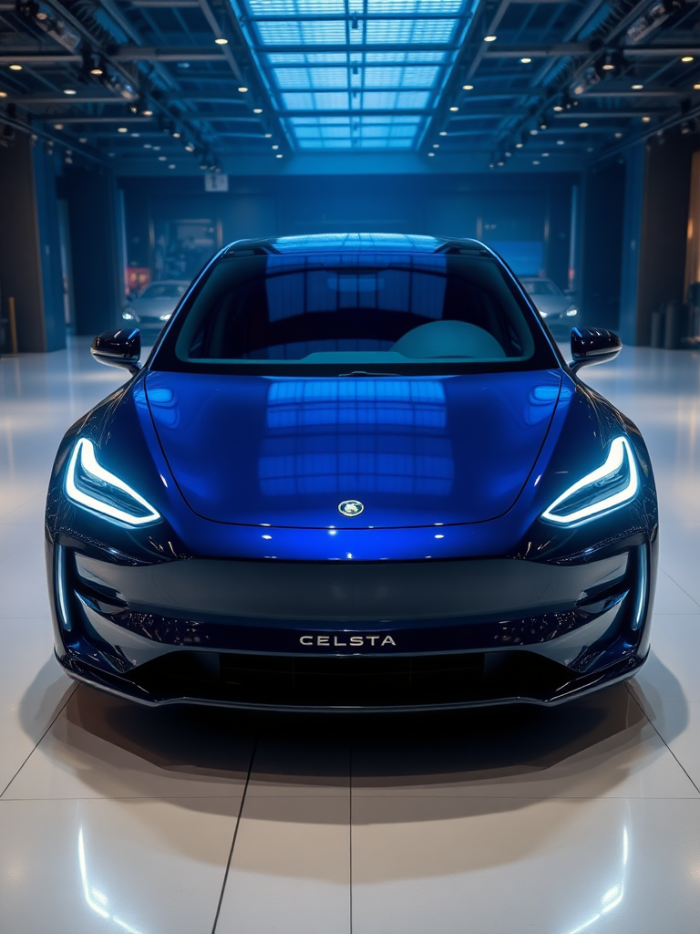 Electric car from a diagonal view, high quality, very detailed, cybernetic, mysterious and luxurious background around the electric car displayed in the showroom, the overall color is dark blue for a luxurious look.