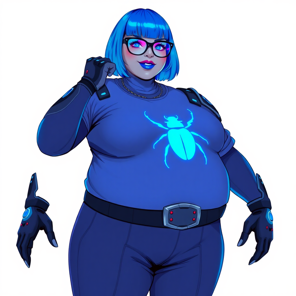 A 28-year-old, full-figured, metallic middle gray skinned computer program hybrid with a vibrant maximum blue bob cut. She has a non-athletic build, highlighted by a prominent, round, large midsection (fully emphasizing her round large belly) while being covered by her large t-shirt, reflecting her new junk food eating habits influenced by her boyfriend. As the full-figured, nerdy, digital sidekick to her cyberpunk vigilante boyfriend, her middle gray metallic skin and maximum blue lipstick underscore her digital essence. She dons a digital, computerized outfit: a large, tight-fitting, high-tech, maximum blue t-shirt with neon blue glowing beetle themed accents complete by a giant neon blue glowing beetle icon on the chest, hi-tech shoulder pads with neon blue accents, a black hi-tech belt with a digital sapphire beetle buckle, digital maximum blue pants with neon blue accents, and black hi-tech gloves with neon blue glowing accents. Her neon blue glowing eyes, black eyeglasses with neon blue lenses equipped with a built-in HUD, and shy smile with neon red blush highlight her nerdiness. She stands bashfully with one hand behind her back and the other gently touching her cheek, her outfit covering all her bare skin and fully emphasizing her full-figured physique (especially her large belly). She is clearly non-athletic, with a heavy focus on her full-figured physique (with full emphasis on her large belly). Despite her build, she radiates beauty. Her slim face contrasts with her physique, accentuating her radiant beauty. She is set against a solid white background. She is drawn as if she were in a retro 2D cyberpunk fighting game.