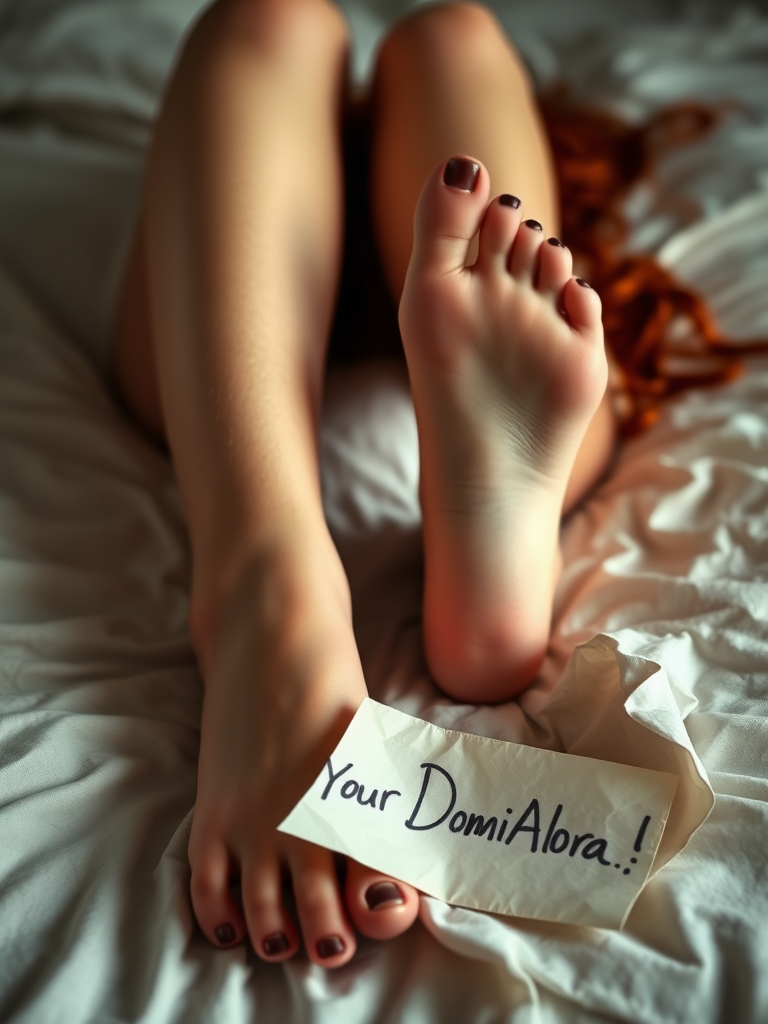 a sexy redhead laying on the bed, she is showing her feet, feet focus, there is a small crumpled paper nearby her feet, on the paper it is written "YourDominAlora", the text is written with a black marker