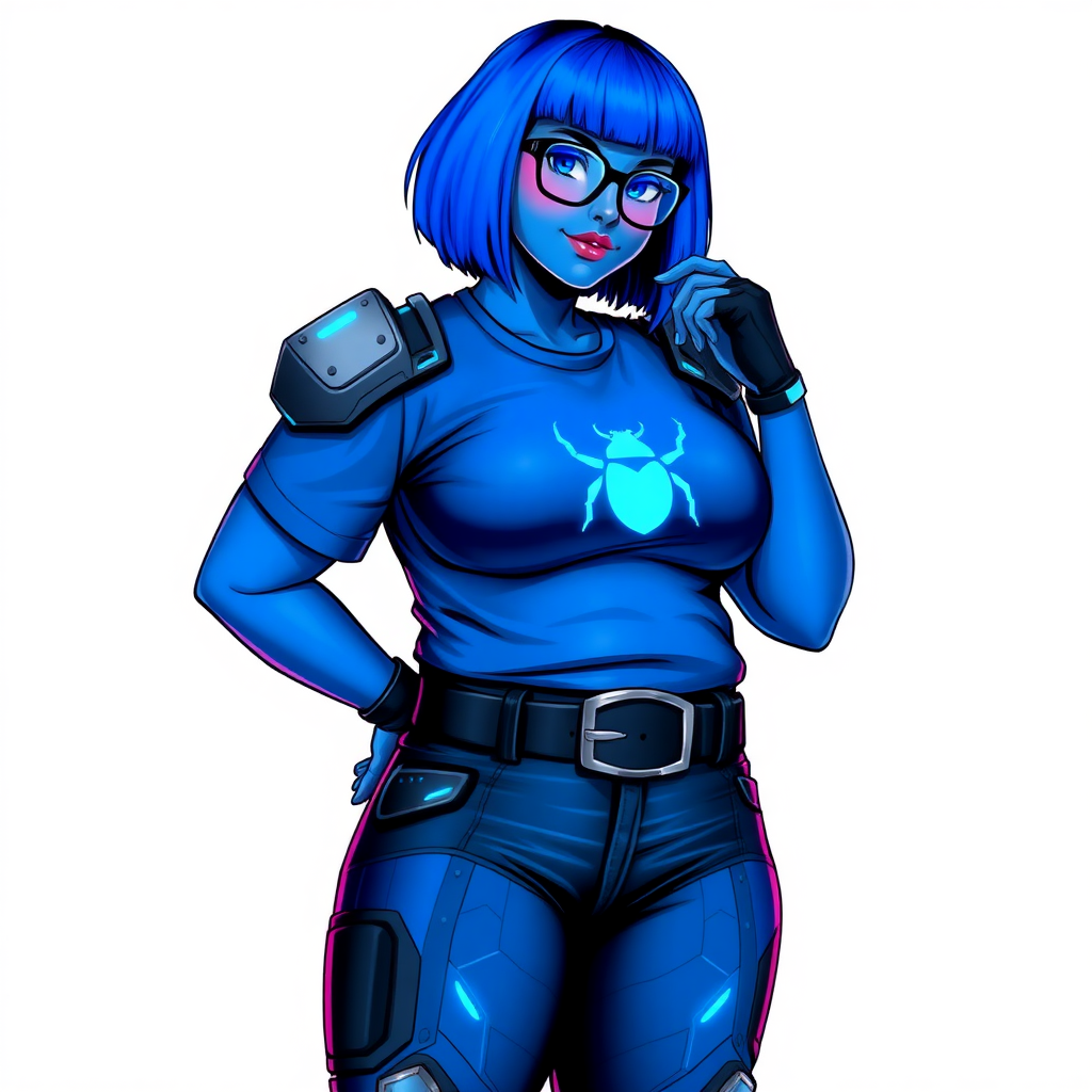 A 28-year-old, full-figured, metallic maximum blue (5PB 5/10) skinned computer program hybrid with a maximum blue bob cut. She has a non-athletic build, highlighted by a prominent, round, large midsection (with emphasis on her belly), which shows the effects of her new love of junk food acquired from her boyfriend. As the full-figured, nerdy, digital sidekick to her cyberpunk vigilante boyfriend, her metallic maximum blue skin and maximum blue lipstick (5PB 5/12) emphasize her digital nature. Her skin has a subtle, animated glow, with digital patterns occasionally flickering across it, making her digital nature obvious. She wears a digital, computerized costume, consisting of a massive, tight-fitting, maximum blue t-shirt (5PB 5/12) made out of advanced nanotech with a neon blue glowing chest icon of a beetle, hi-tech shoulder pads with neon blue accents, a black hi-tech belt with a digital neon blue glowing buckle, digital maximum blue biker pants (5PB 5/12) with neon blue accents, and black hi-tech fingerless biker gloves with neon blue glowing accents. Her neon blue glowing eyes, black eyeglasses with neon blue glowing lenses equipped with a built-in HUD, and bashful smile with neon red blush accentuate her nerdiness. She stands bashfully with one hand behind her back and the other hand gently touching her cheek, her costume covering all her skin and emphasizing her full-figured physique (especially her belly). She is clearly non-athletic, with a focus on her full-figured physique. Despite her build, she radiates beauty. She has a slim face compared to her physique, accentuating her radiant beauty. She is on a solid white background. She is drawn as if she were in a retro 2D cyberpunk fighting game.