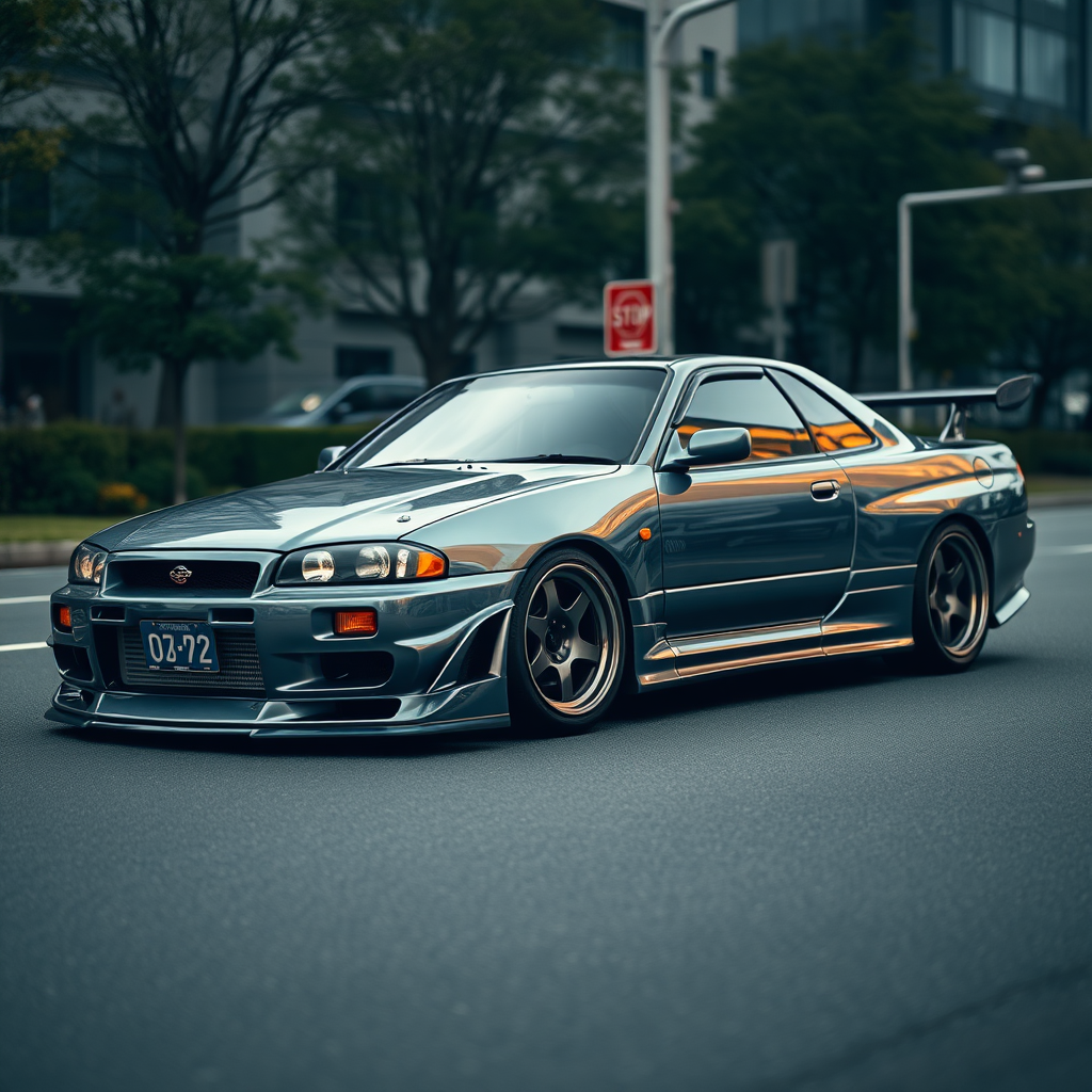 The car is parked on the side of the road, inspired by Taiyō Matsumoto, tumblr, restomod, nd4, c4 metallic shine gray black nissan skyline r34 tokyo arkaplan hatasız tam eksiksiz ayrıntılı genel gerçek detaylar en iyi fotoğraf poz sinematik hafif yağış su damlalar yansıma ıslak yol need for speed tarzı body kit