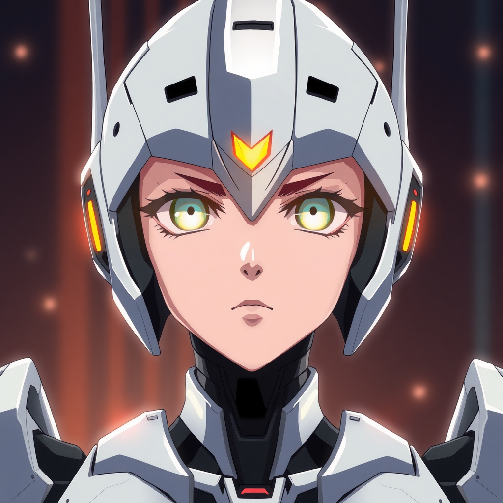 An anime portrait of an anime robot woman with an authoritative and confident gaze with glowing eyes